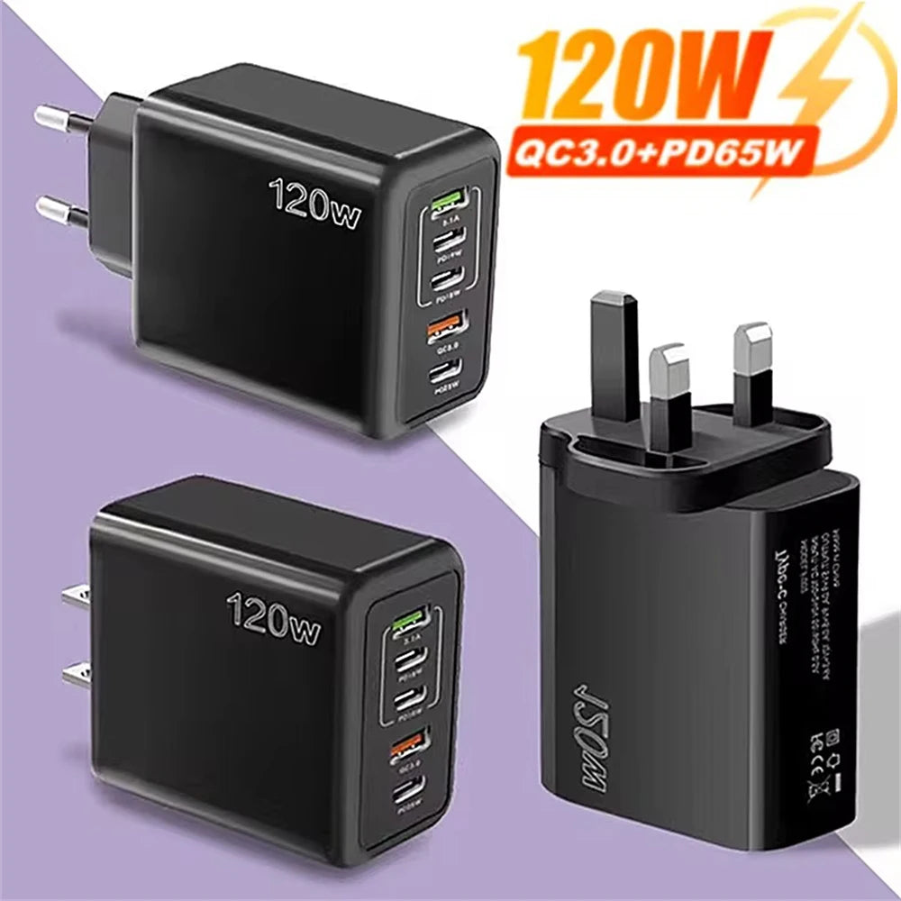 Total 120W USB Charger 5 Ports Type C Fast Charging Mobile Phone Wall Adapter EU/US/UK Plug for Iphone 15 Samsung Xiaomi Huawei